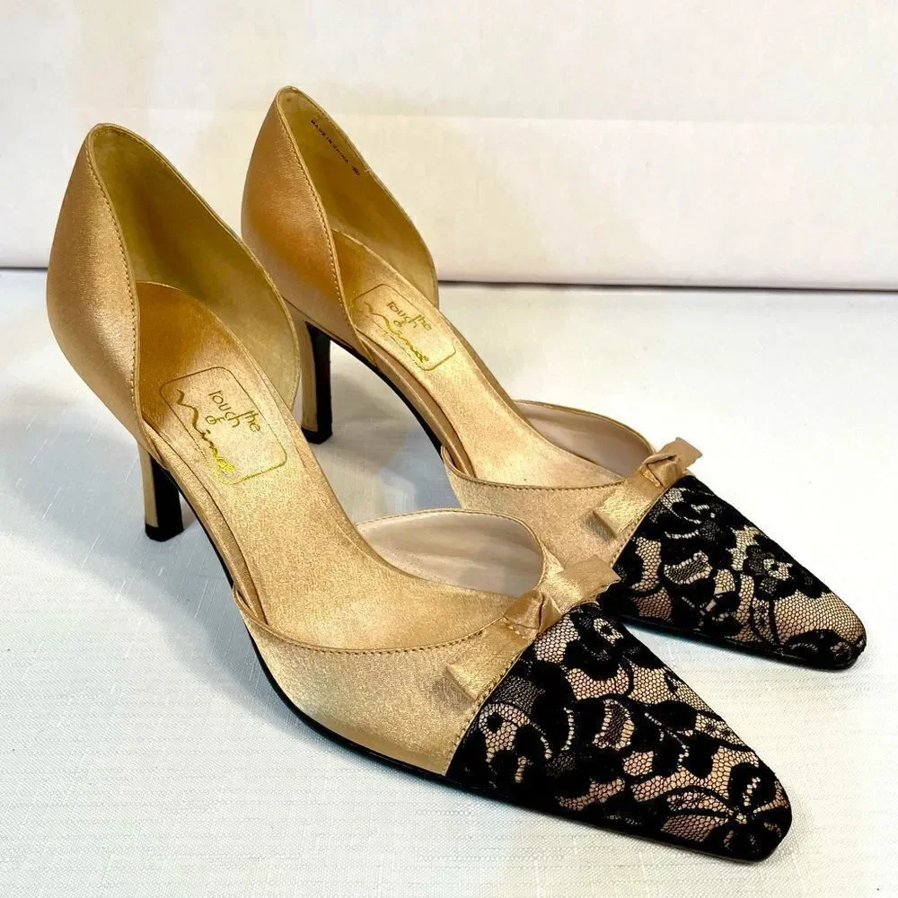 GOLD SATIN w BLACK LACE FORMAL SHOES 3.5” HEEL by THE TOUCH OF NINA SIZE 7.5